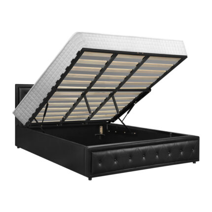 Oikiture Bed Frame with Mattress King Size Gas Lift Black Leather