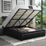 Oikiture Bed Frame with Mattress King Size Gas Lift Black Leather - Image 3