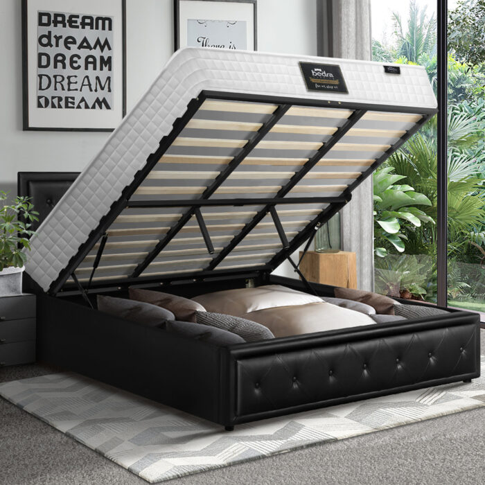 Oikiture Bed Frame with Mattress King Size Gas Lift Black Leather - Image 3