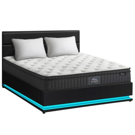 Oikiture Bed Frame with Mattress King Size LED Gas Lift Black LAYZ