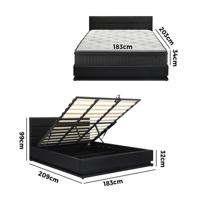 Oikiture Bed Frame with Mattress King Size LED Gas Lift Black LAYZ - Image 4