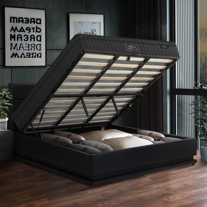 Oikiture Bed Frame with Mattress King Size LED Gas Lift Black LAYZ - Image 3
