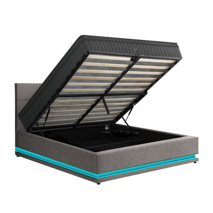 Oikiture Bed Frame with Mattress Double Size LED Gas Lift Grey LAYZ - Image 9