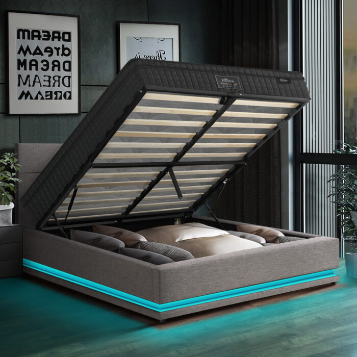 Oikiture Bed Frame with Mattress Double Size LED Gas Lift Grey LAYZ - Image 7