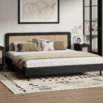 Oikiture Bed Frame King Size Real Rattan Headboard Black - Image 3