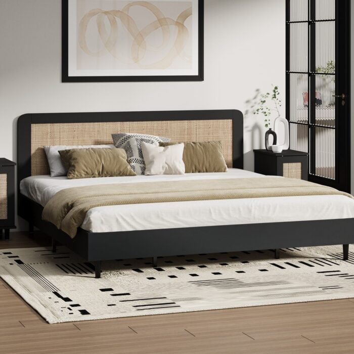 Oikiture Bed Frame King Size Real Rattan Headboard Black - Image 3