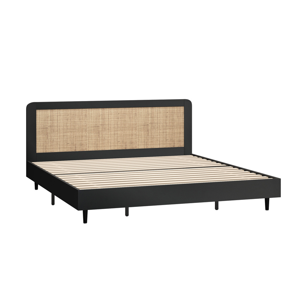 BF-LUNA-K-BK-ABC-01 Oikiture Bed Frame King Size Real Rattan Headboard Black - Image 1