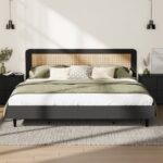 Oikiture Bed Frame King Size Real Rattan Headboard Black - Image 2