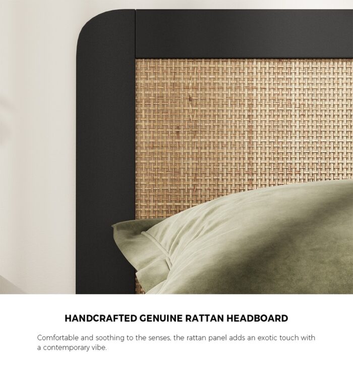 Oikiture Bed Frame King Size Real Rattan Headboard Black - Image 10
