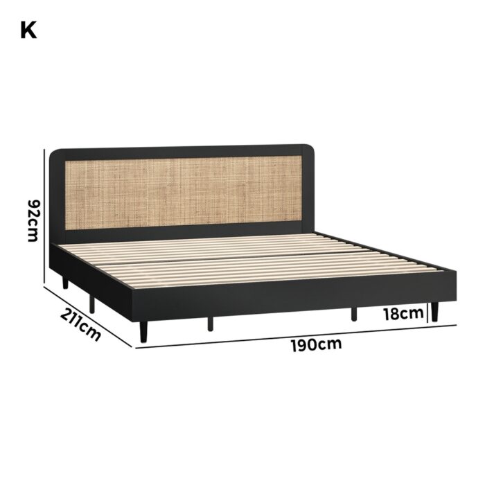 Oikiture Bed Frame King Size Real Rattan Headboard Black - Image 4