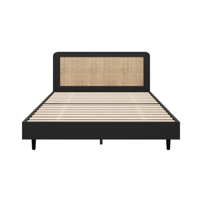 Oikiture Bed Frame Queen Size Real Rattan Headboard Black - Image 5