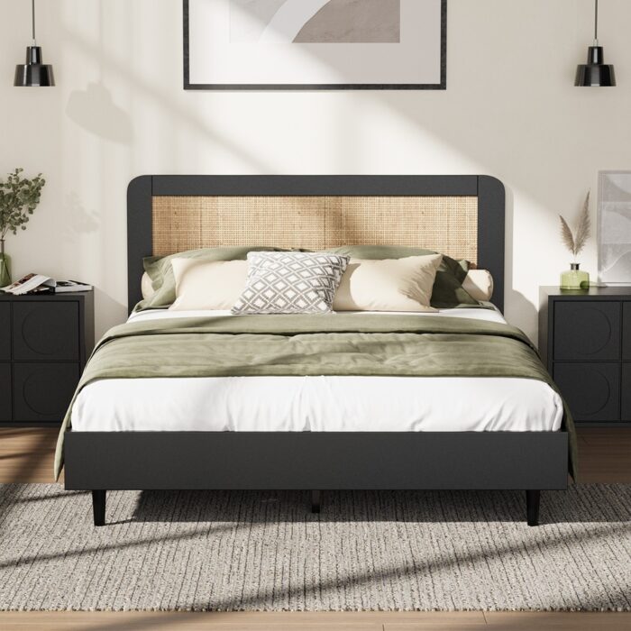 Oikiture Bed Frame Queen Size Real Rattan Headboard Black - Image 6