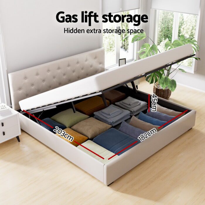 Artiss Bed Frame King Size Gas Lift Beige VILA - Image 4