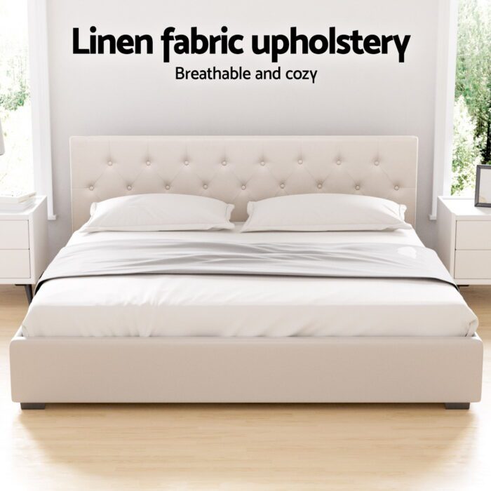 Artiss Bed Frame King Size Gas Lift Beige VILA - Image 5