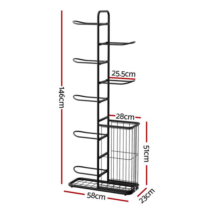 Everfit Ball Storage Rack Sports Equipment Organizer 7-Tier with Basket for Garage Gym Black - Image 2