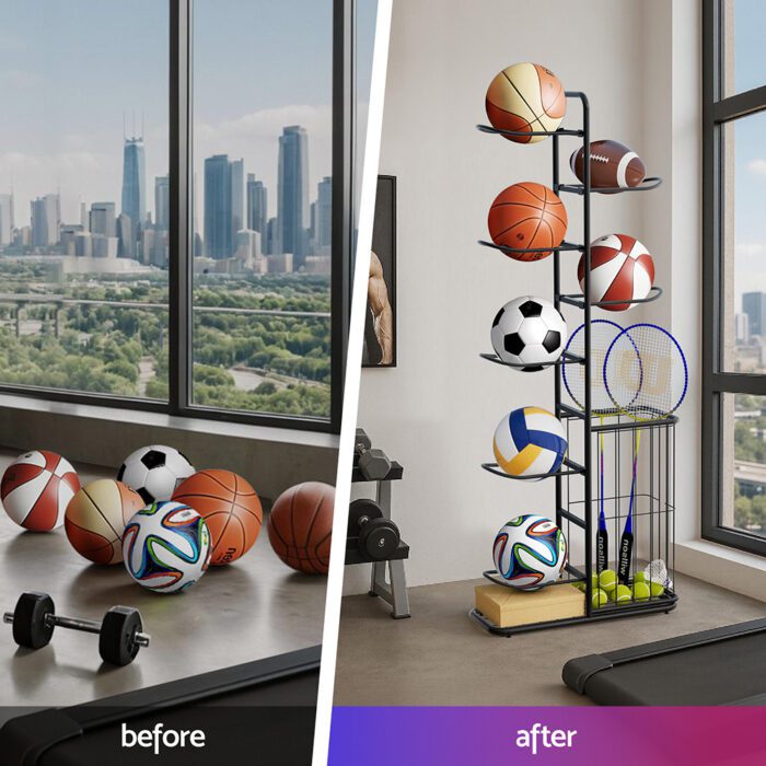 Everfit Ball Storage Rack Sports Equipment Organizer 7-Tier with Basket for Garage Gym Black - Image 4