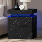 Oikiture Bedside Table 2 Drawers LED Nightstand Marble Effect Black - Image 2