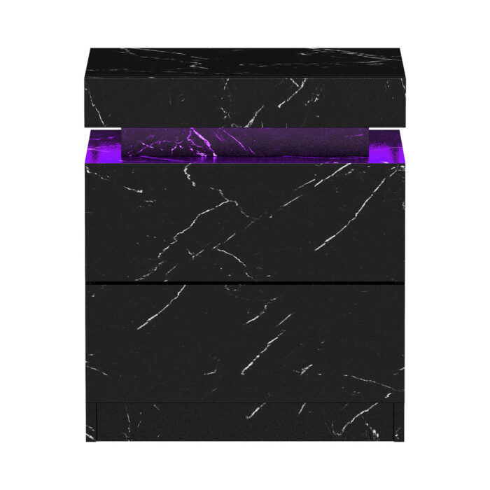Oikiture Bedside Table 2 Drawers LED Nightstand Marble Effect Black - Image 4