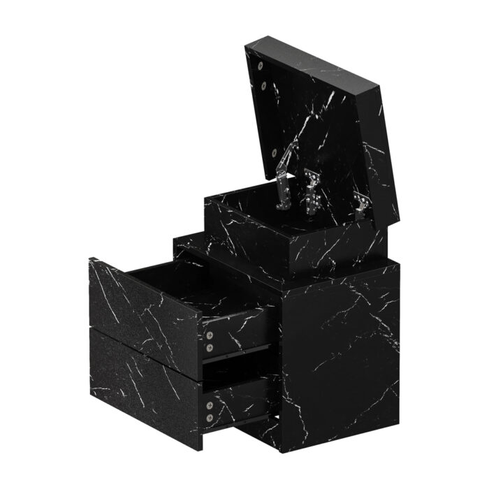 Oikiture Bedside Table 2 Drawers LED Nightstand Marble Effect Black - Image 3