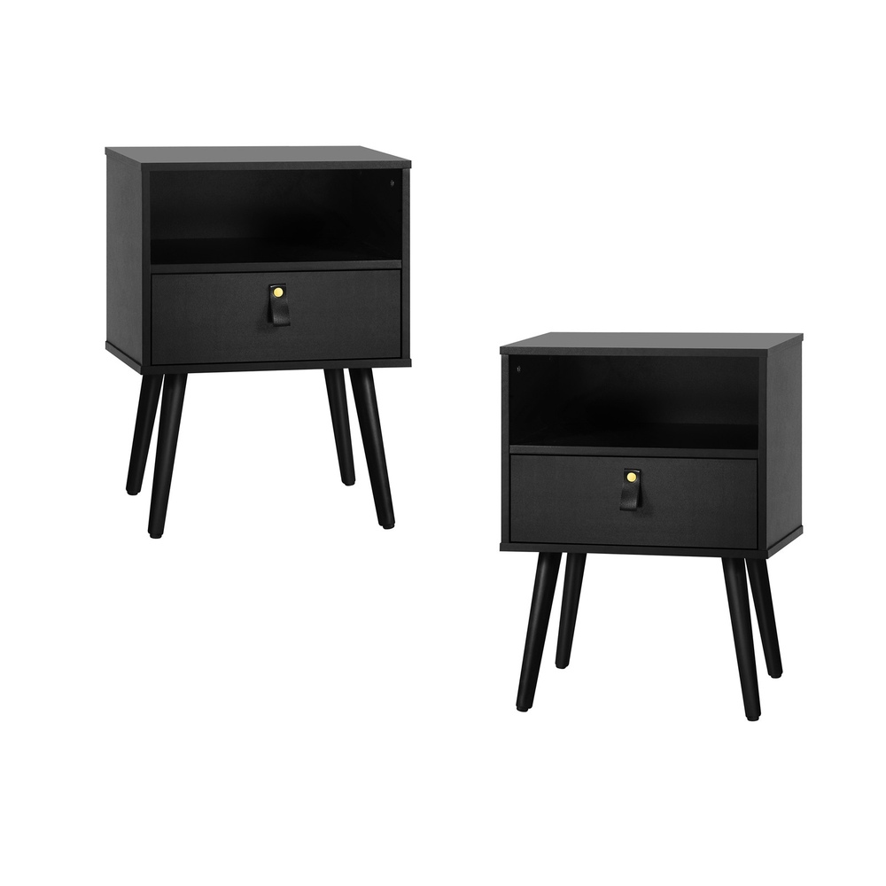 BT-PESI-BKX2-00 Oikiture 2X Bedside Tables with Leather Handle Black - Image 1
