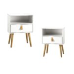 Oikiture 2X Bedside Tables with Leather Handle White