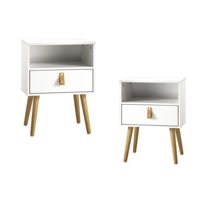 Oikiture 2X Bedside Tables with Leather Handle White