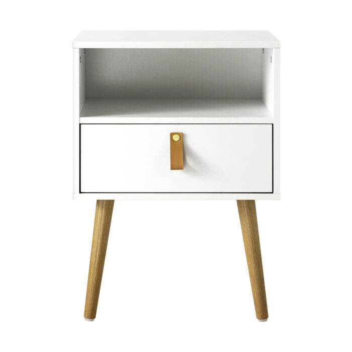 Oikiture 2X Bedside Tables with Leather Handle White - Image 3