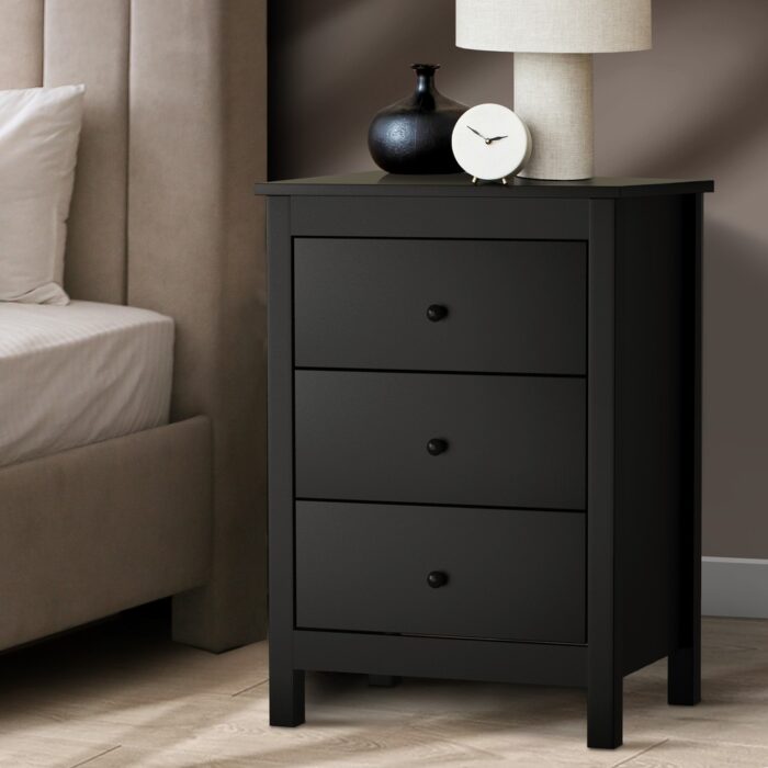 Oikiture Bedside Table 3 Drawers Hamptons Furniture Black - Image 4