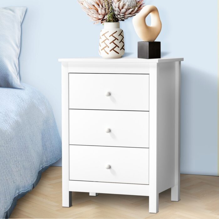 Oikiture Bedside Table 3 Drawers Hamptons Furniture White - Image 3