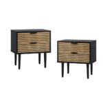 Oikiture 2PCS Bedside Table 2 Drawers Black&Wooden
