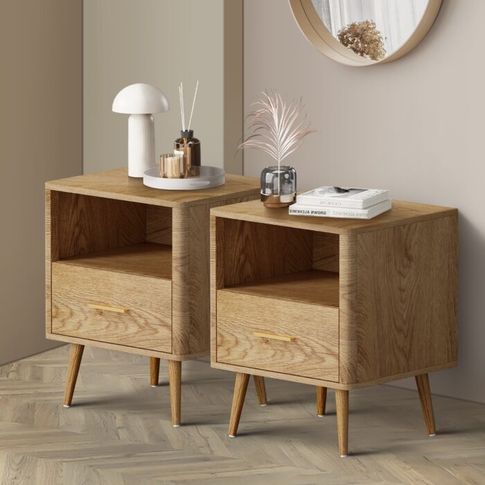 Oikiture 2x Bedside Table 1 Drawer Open Shelf Nightstand Natural - Image 3