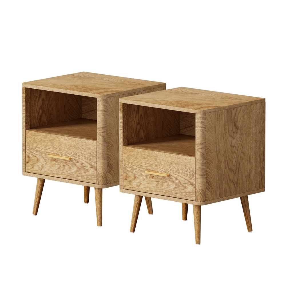 BT-TOMX-1D-WDX2-01 Oikiture 2x Bedside Table 1 Drawer Open Shelf Nightstand Natural - Image 1