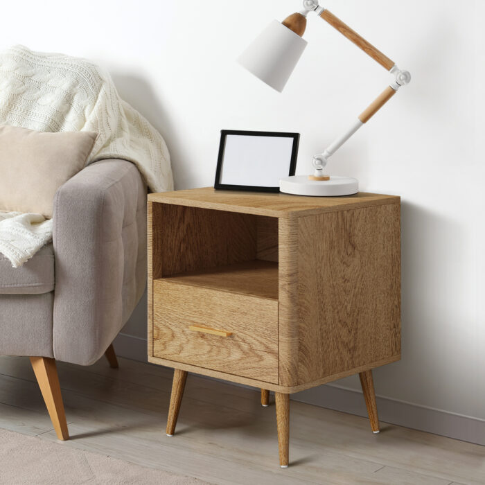 Oikiture 2x Bedside Table 1 Drawer Open Shelf Nightstand Natural - Image 9