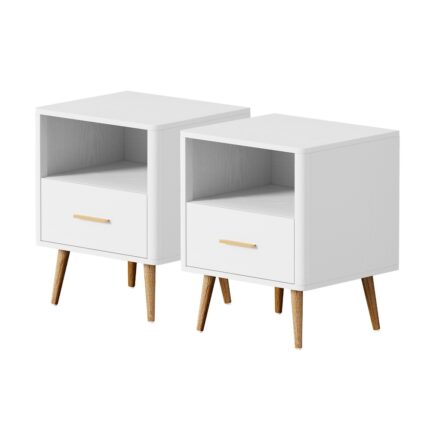 Oikiture 2x Bedside Table 1 Drawer Open Shelf Nightstand White