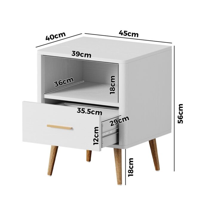 Oikiture 2x Bedside Table 1 Drawer Open Shelf Nightstand White - Image 2