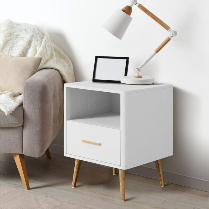 Oikiture 2x Bedside Table 1 Drawer Open Shelf Nightstand White - Image 6