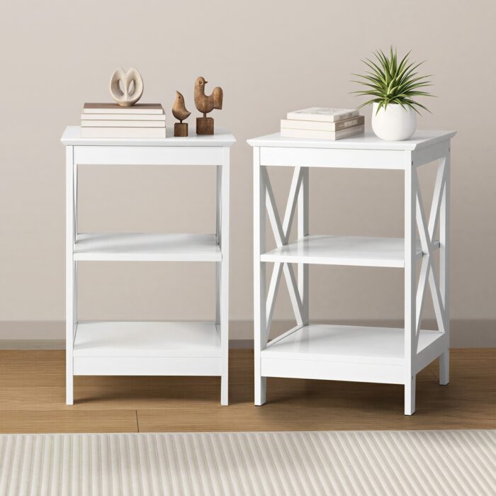 Oikiture 2x Side Table Coffee Bedside Sofa Storage 3-tier Shelf White - Image 7