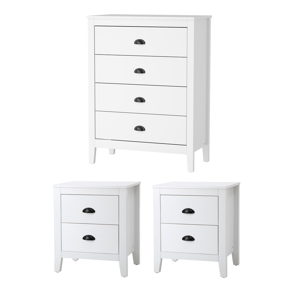 COD-ONLY-4D-WH-BT2DX2-01 Oikiture 4 Chest of Drawers and 2 Bedside Tables Vintage Bedroom Set White - Image 1
