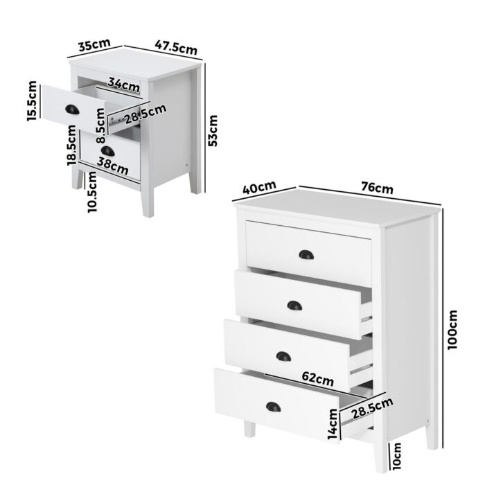 Oikiture 4 Chest of Drawers and 2 Bedside Tables Vintage Bedroom Set White - Image 5