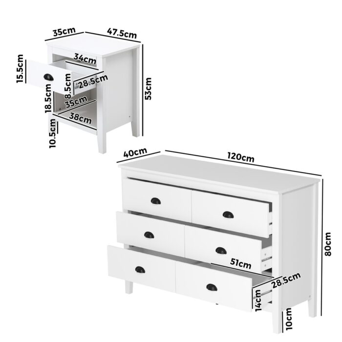 Oikiture 6 Chest of Drawers and Bedside Table Vintage Bedroom Set - Image 3