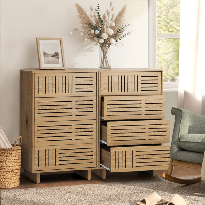 Oikiture 4 Chest of Drawers Storage Cabinet Tallboy Natural Set of 2 - Image 10
