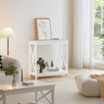 Oikiture 2-Tier Console Table X-Design Wooden White - Image 7