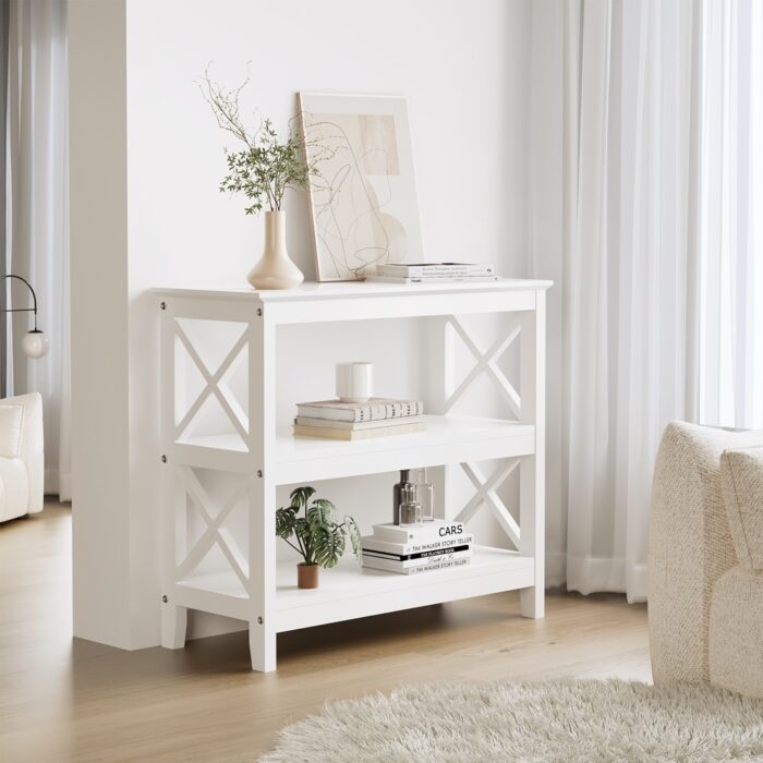 Oikiture 3-Tier Console Table X-Design Wooden White - Image 10