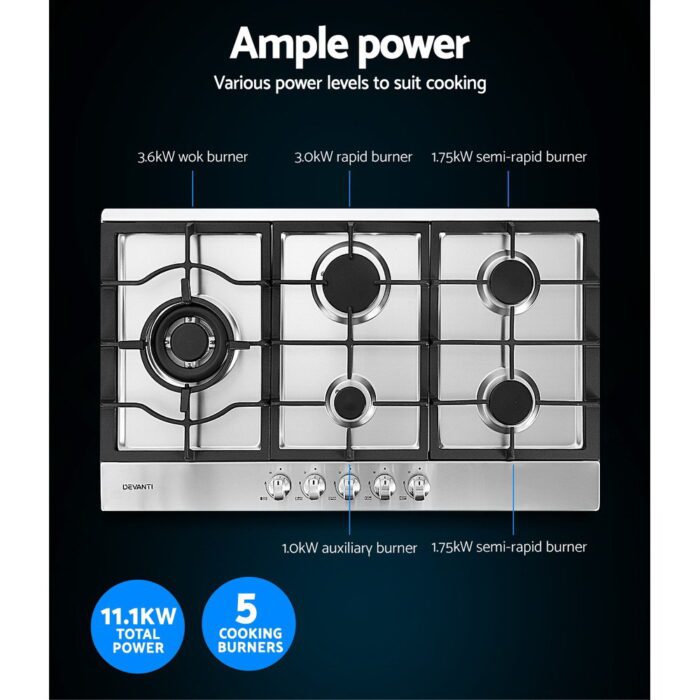 Devanti Gas Cooktop 90cm 5 Burner Silvir - Image 5