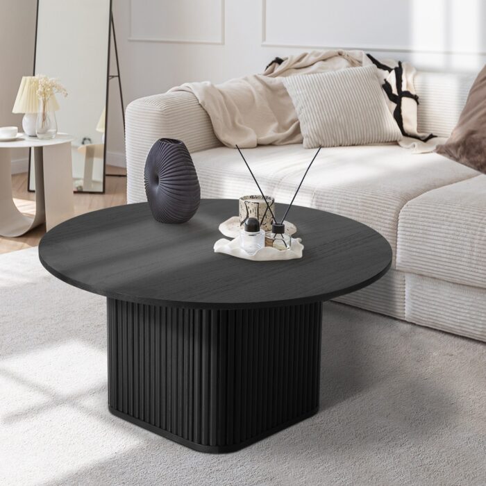 Oikiture Coffee Table Round Wooden Black - Image 2