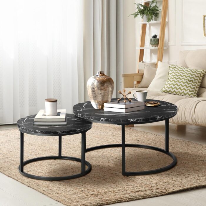 Oikiture Set of 2 Nesting Coffee Table Round Marble Black - Image 2