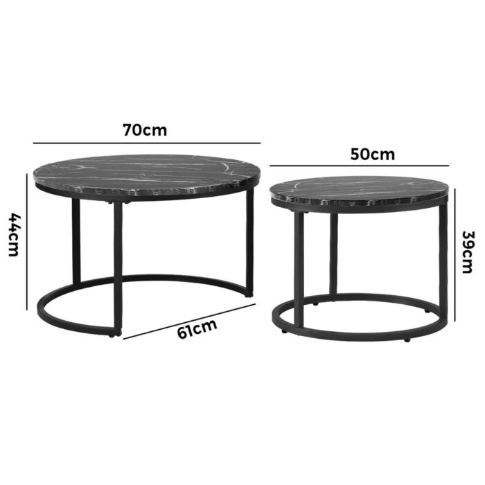 Oikiture Set of 2 Nesting Coffee Table Round Marble Black - Image 3