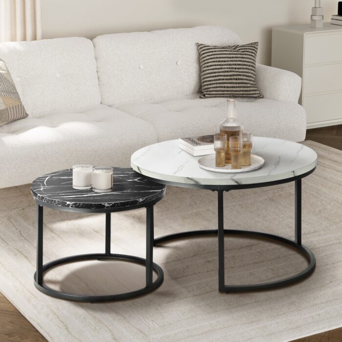 Oikiture Set of 2 Coffee Table Round Nesting White & Black - Image 7