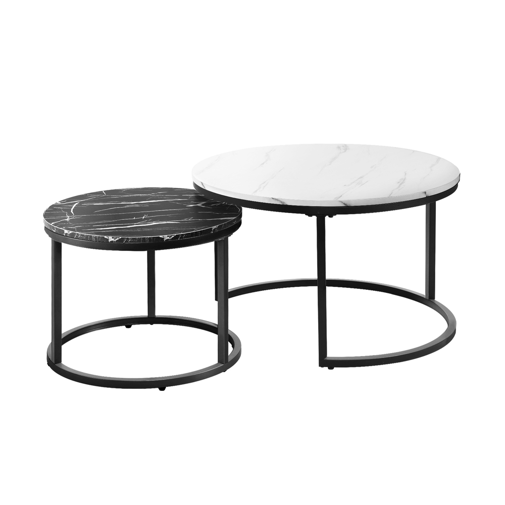 CTB-S3-7050-WHBK-01 Oikiture Set of 2 Coffee Table Round Nesting White & Black - Image 1