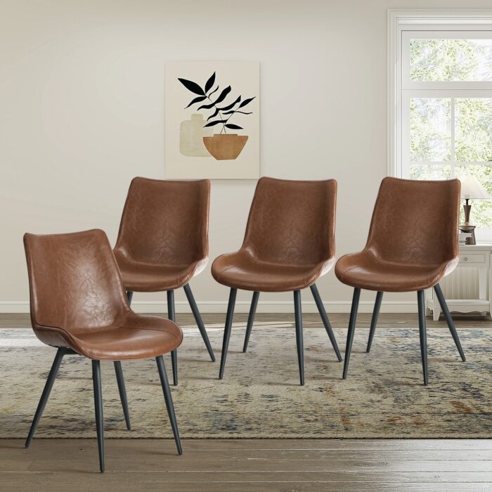 Oikiture 4x Dining Chairs Kitchen Accent Upholstered PU Leather Brown - Image 2